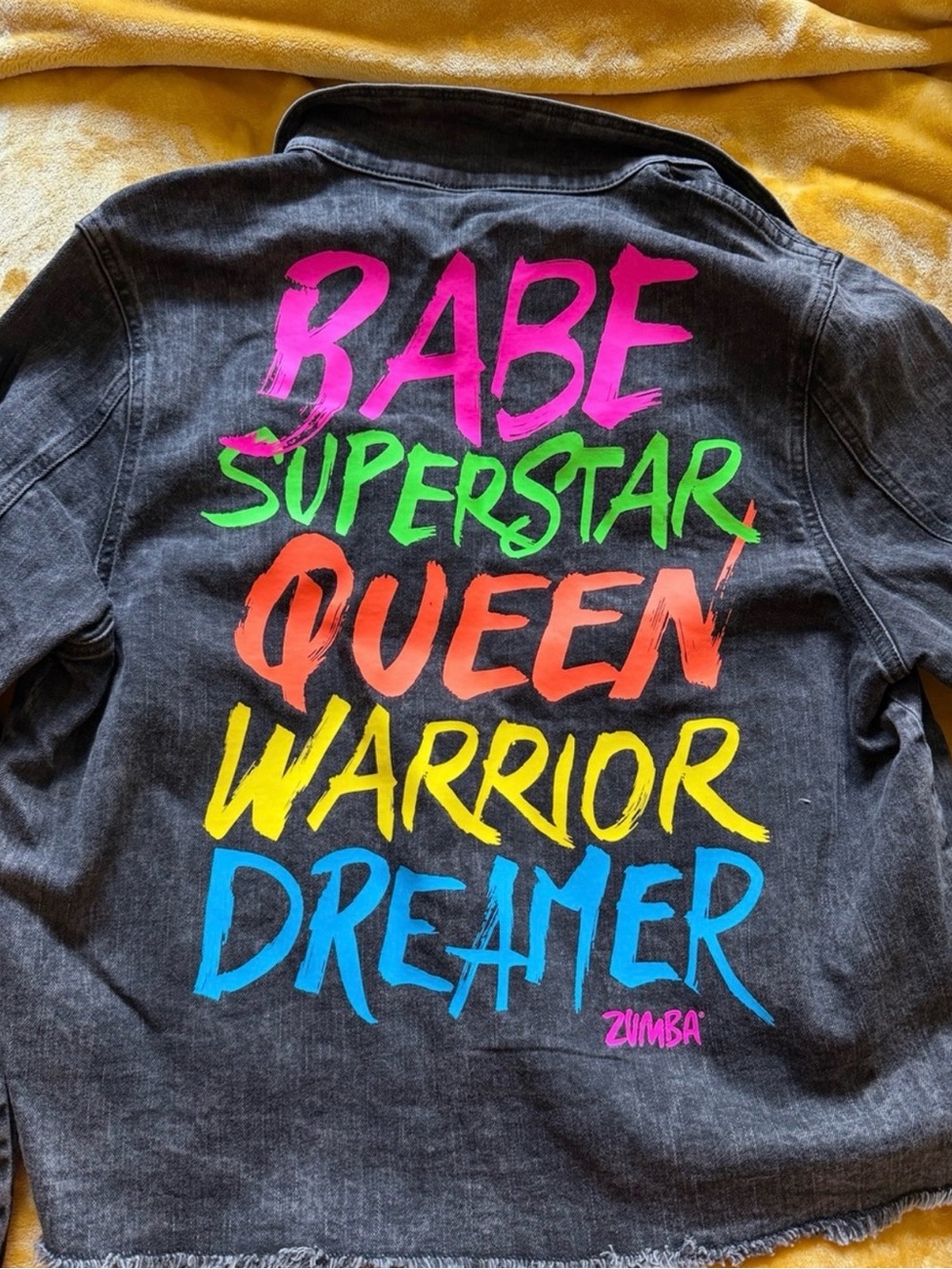 Zumba Fitness Black Denim Jacket with Multicolor Neon Graphic Back